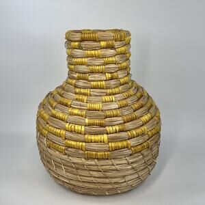 Wicker Coiled Bottleneck Vase 14.5” Floor Tabletop Boho Decor Yellow Stripe